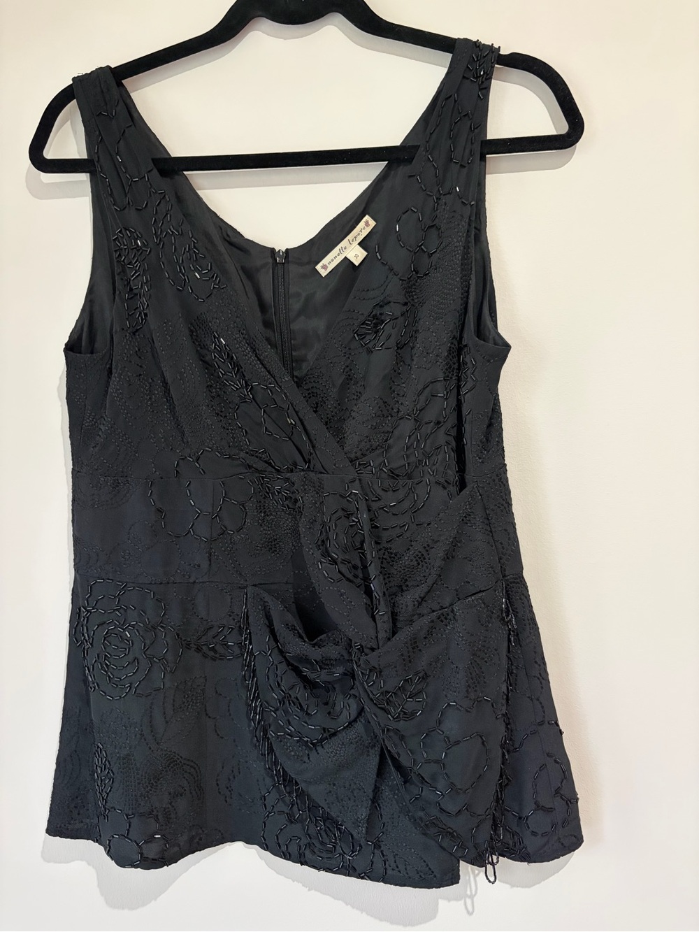 Nanette Lepore Vintage 100% silk Black beaded embroidered Floral cami sleeveless